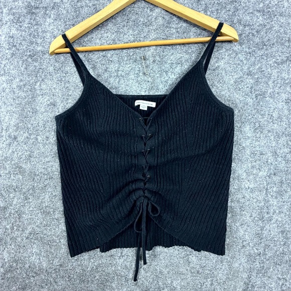 American Eagle Outfitters Tops - American Eagle Outfitters Cropped Knit Top Womens Large Black Ribbed Lace Up